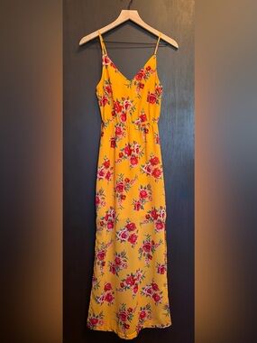 Floral Yellow Maxi Slip Dress with Spaghetti Straps